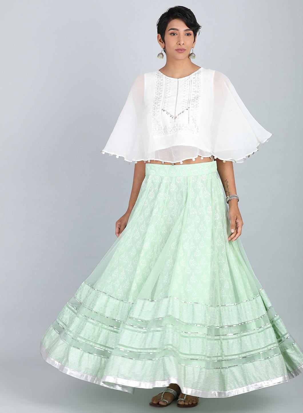 Green Layered Printed Skirt