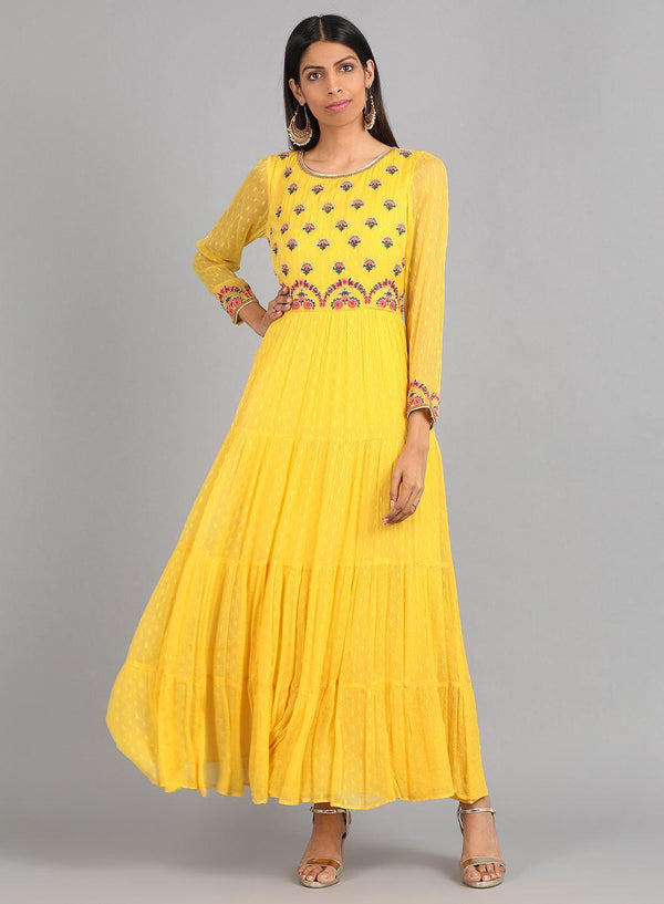 Yellow Round Neck Embellished kurta Dress