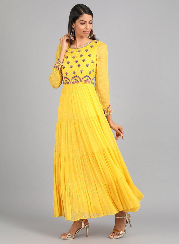 Yellow Round Neck Embellished kurta Dress
