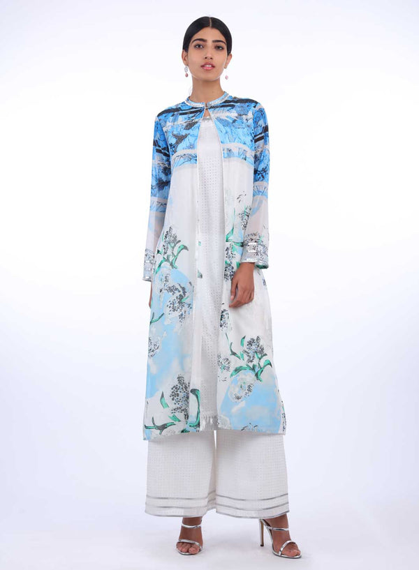 Blue & White Printed Layered kurta