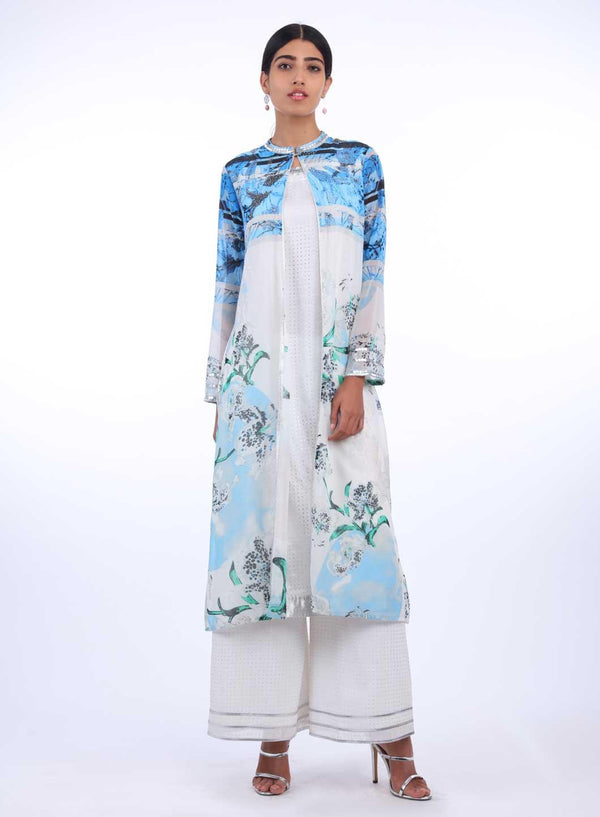 Blue & White Printed Layered kurta