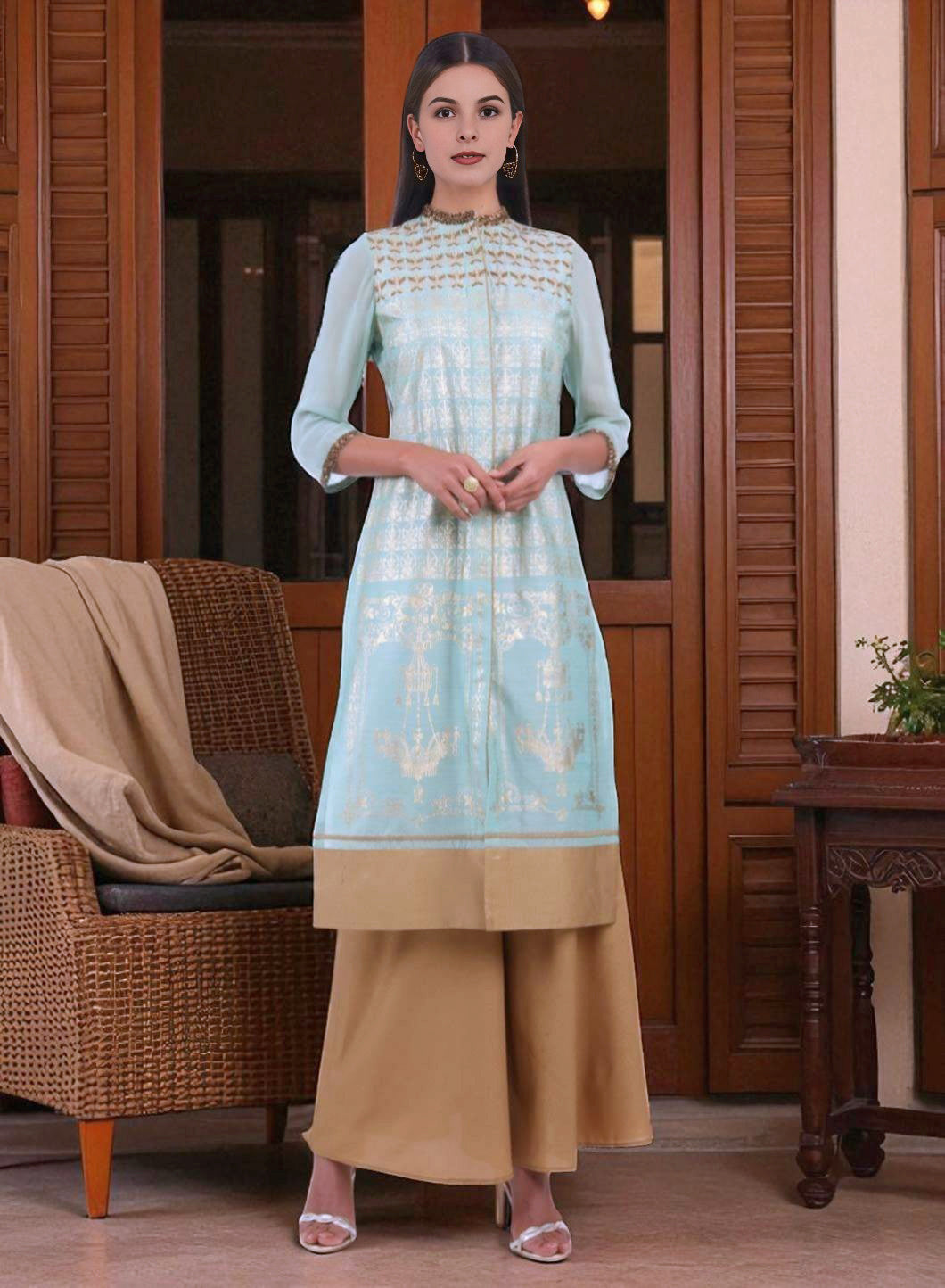 Mint Green Mandarin Neck Printed kurta