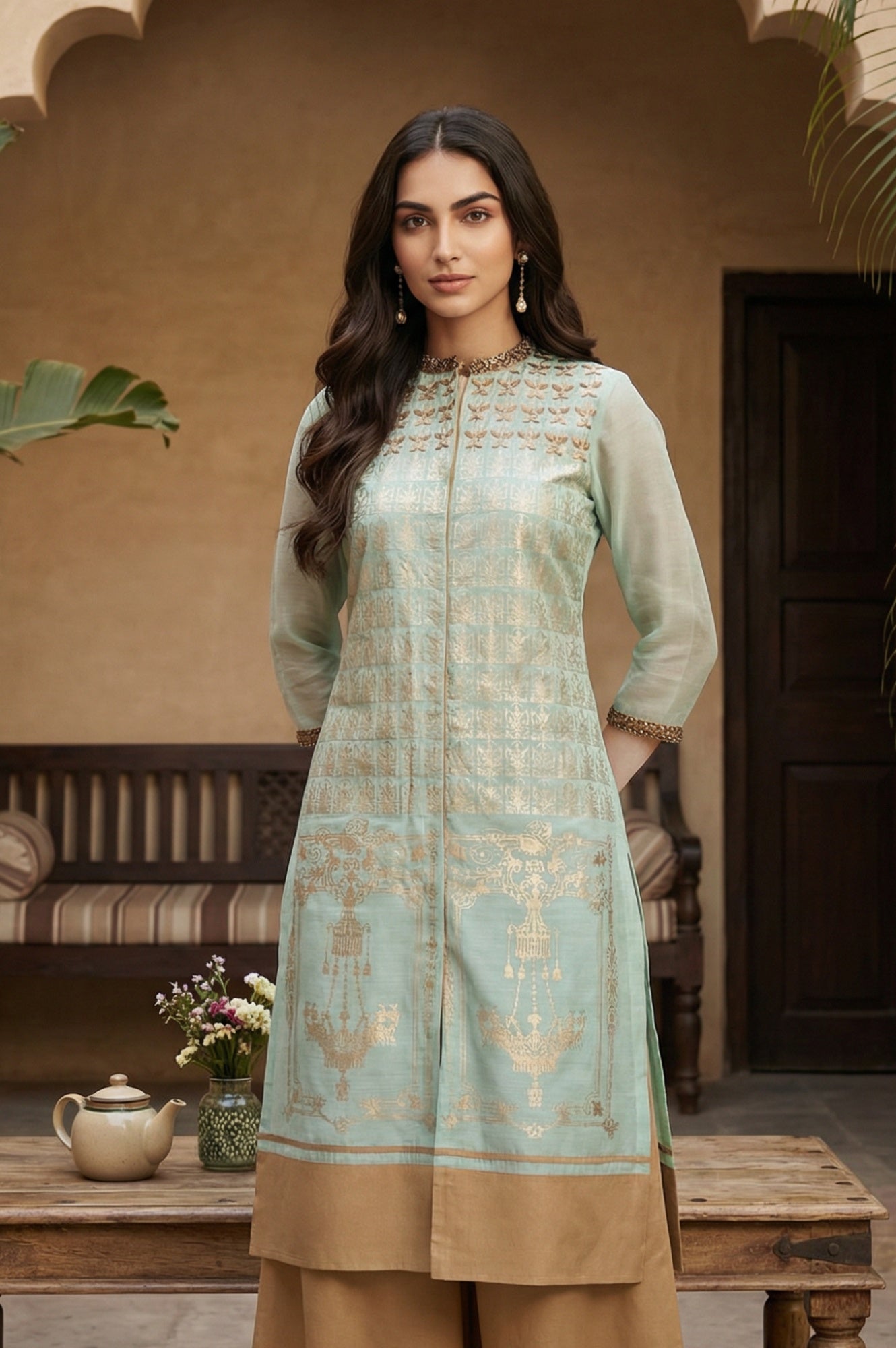 Mint Green Mandarin Neck Printed kurta