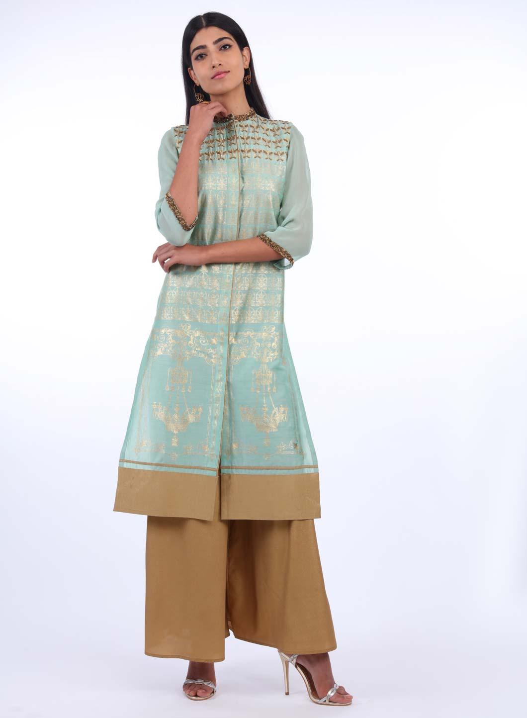 Mint Green Mandarin Neck Printed kurta - wforwoman
