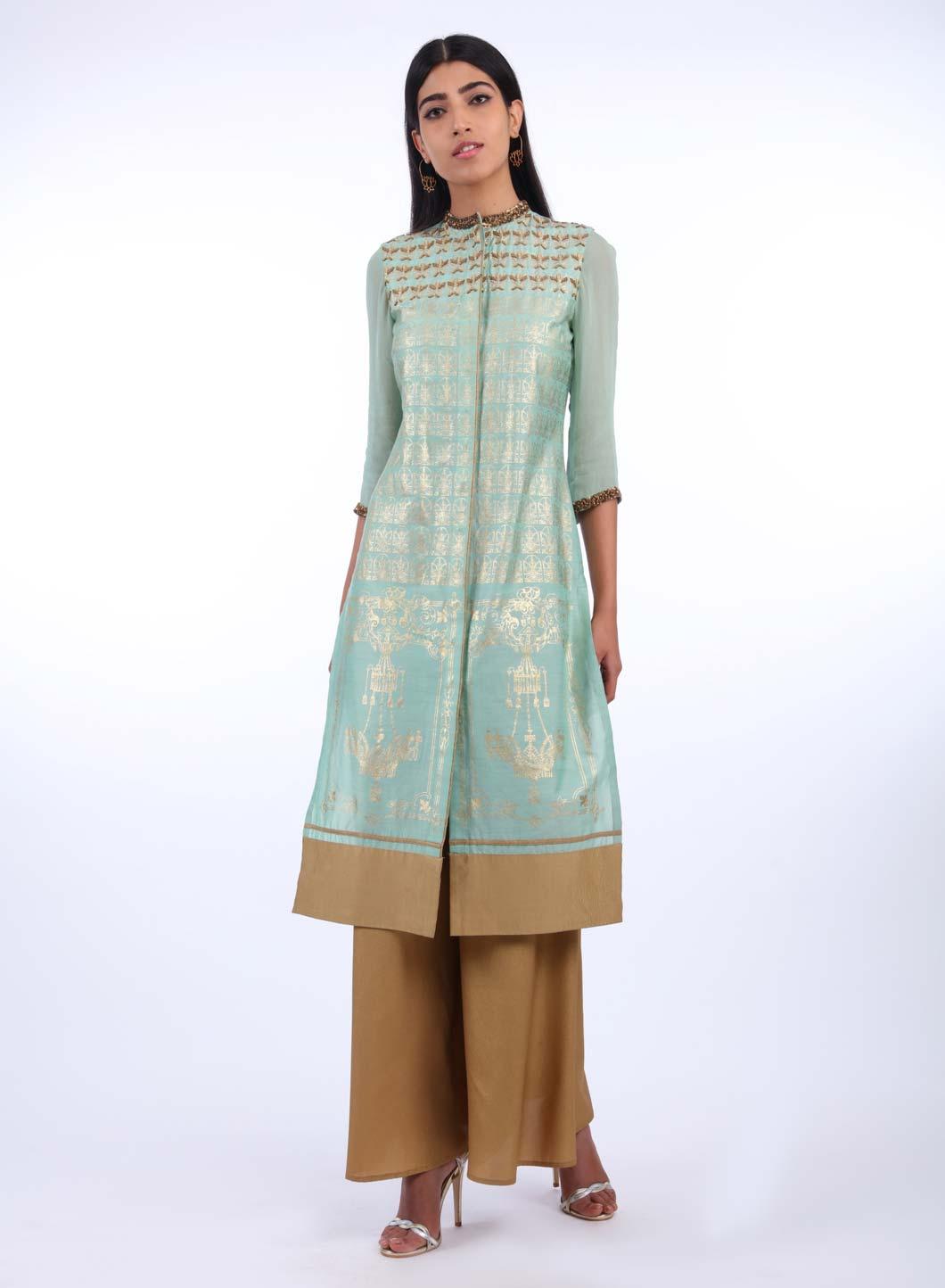 Mint Green Mandarin Neck Printed kurta - wforwoman