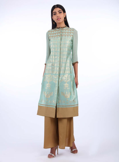 Mint Green Mandarin Neck Printed kurta - wforwoman
