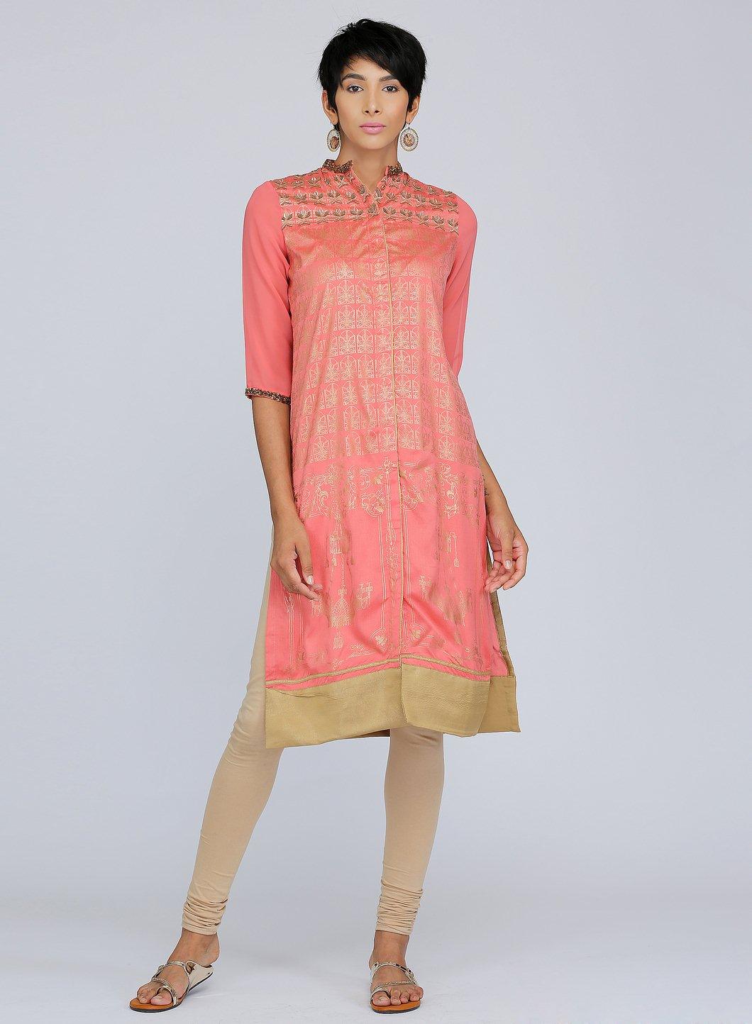 Coral Mandarin Neck Embellished kurta - wforwoman