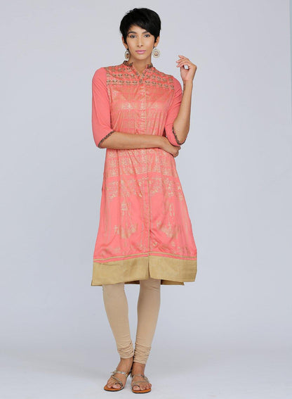 Coral Mandarin Neck Embellished kurta - wforwoman