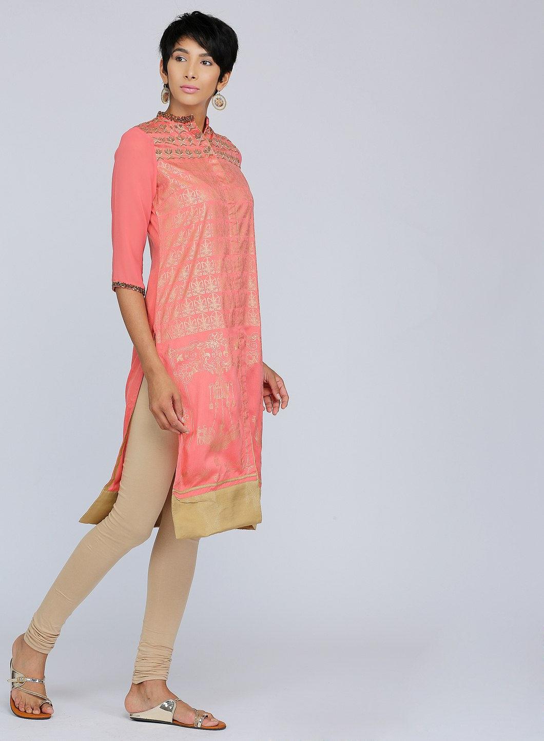Coral Mandarin Neck Embellished kurta - wforwoman