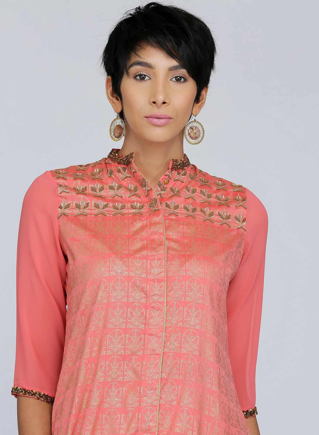 Coral Mandarin Neck Embellished kurta - wforwoman