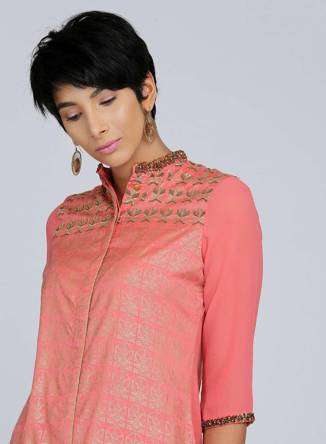 Coral Mandarin Neck Embellished kurta - wforwoman