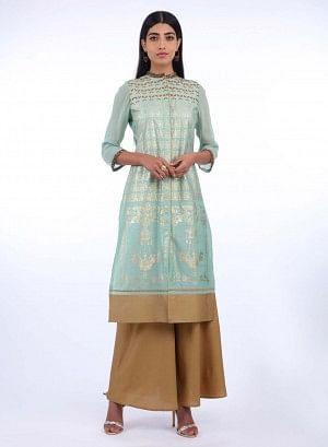 Mint Green Mandarin Neck Printed kurta - wforwoman