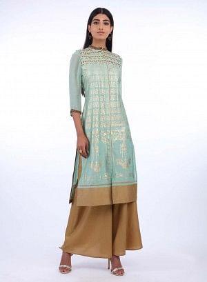 Mint Green Mandarin Neck Printed kurta - wforwoman