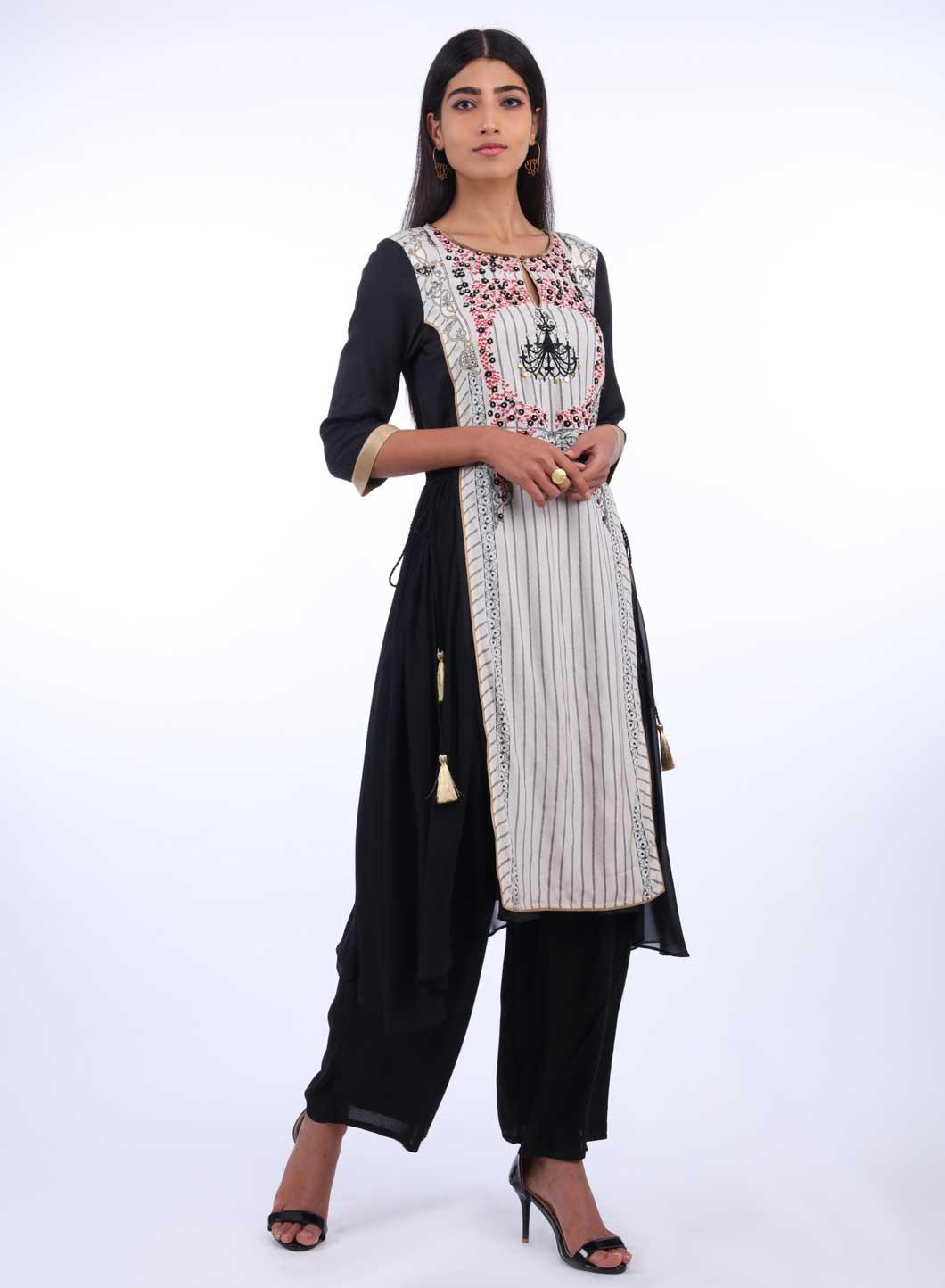 Off-White Round Neck Printed kurta - wforwoman