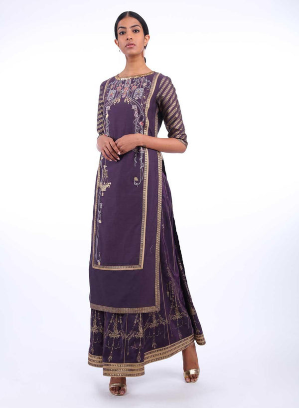 Purple Round Neck Embellished Straight kurta