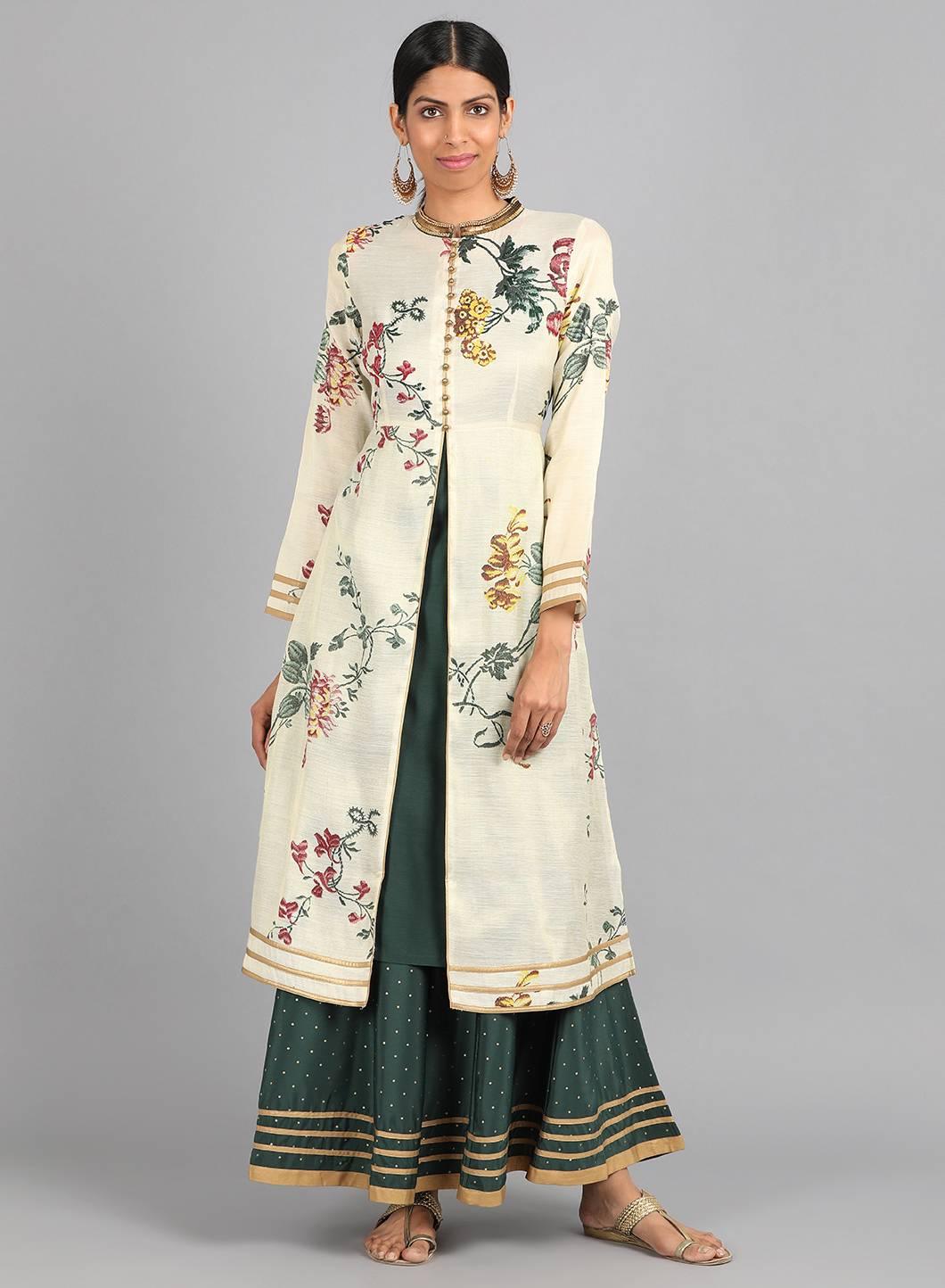 Cream Mandarin Neck Floral Print kurta - wforwoman