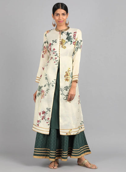 Cream Mandarin Neck Floral Print kurta - wforwoman