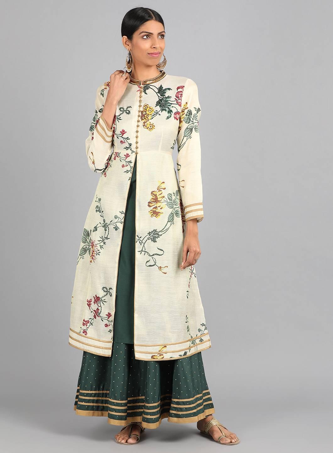 Cream Mandarin Neck Floral Print kurta - wforwoman