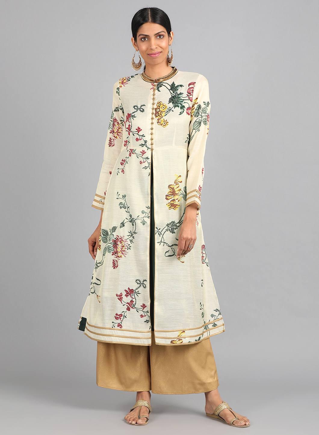Cream Mandarin Neck Floral Print kurta - wforwoman