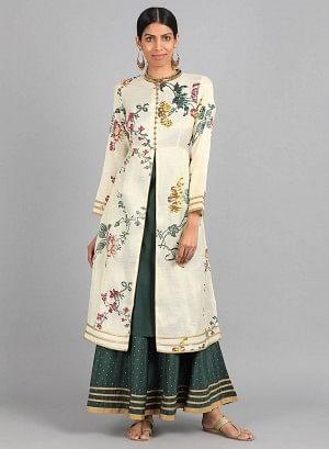 Cream Mandarin Neck Floral Print kurta - wforwoman