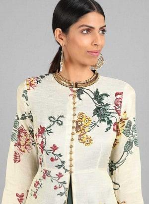 Cream Mandarin Neck Floral Print kurta - wforwoman