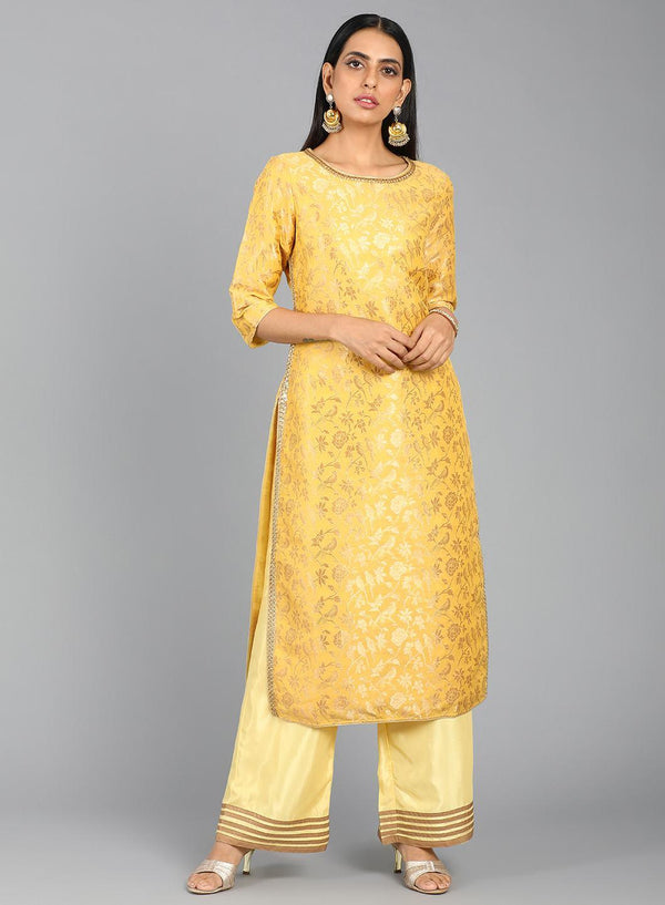 Yellow Round Neck Embellished kurta