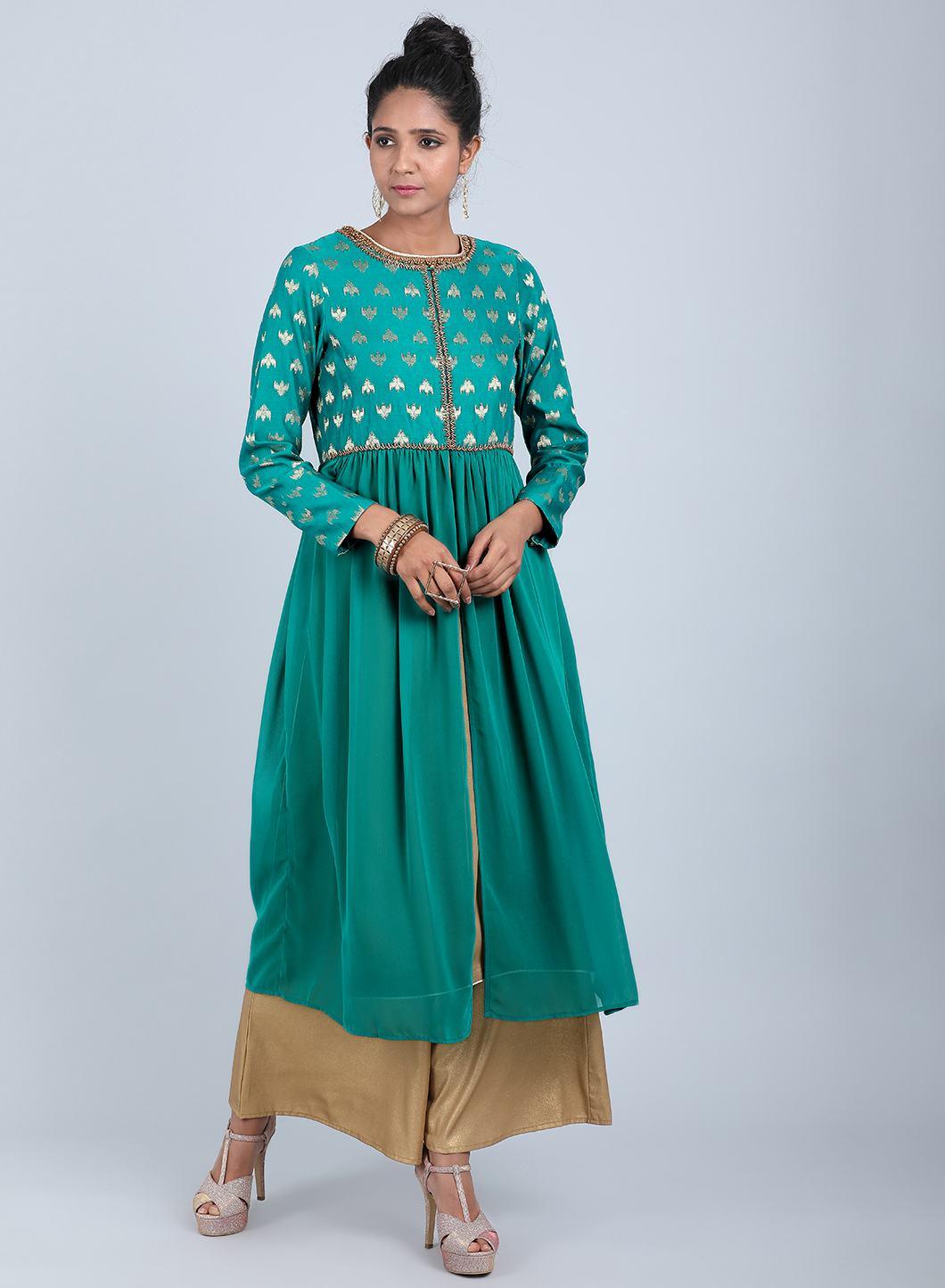 Teal Round Neck Printed kurta - wforwoman