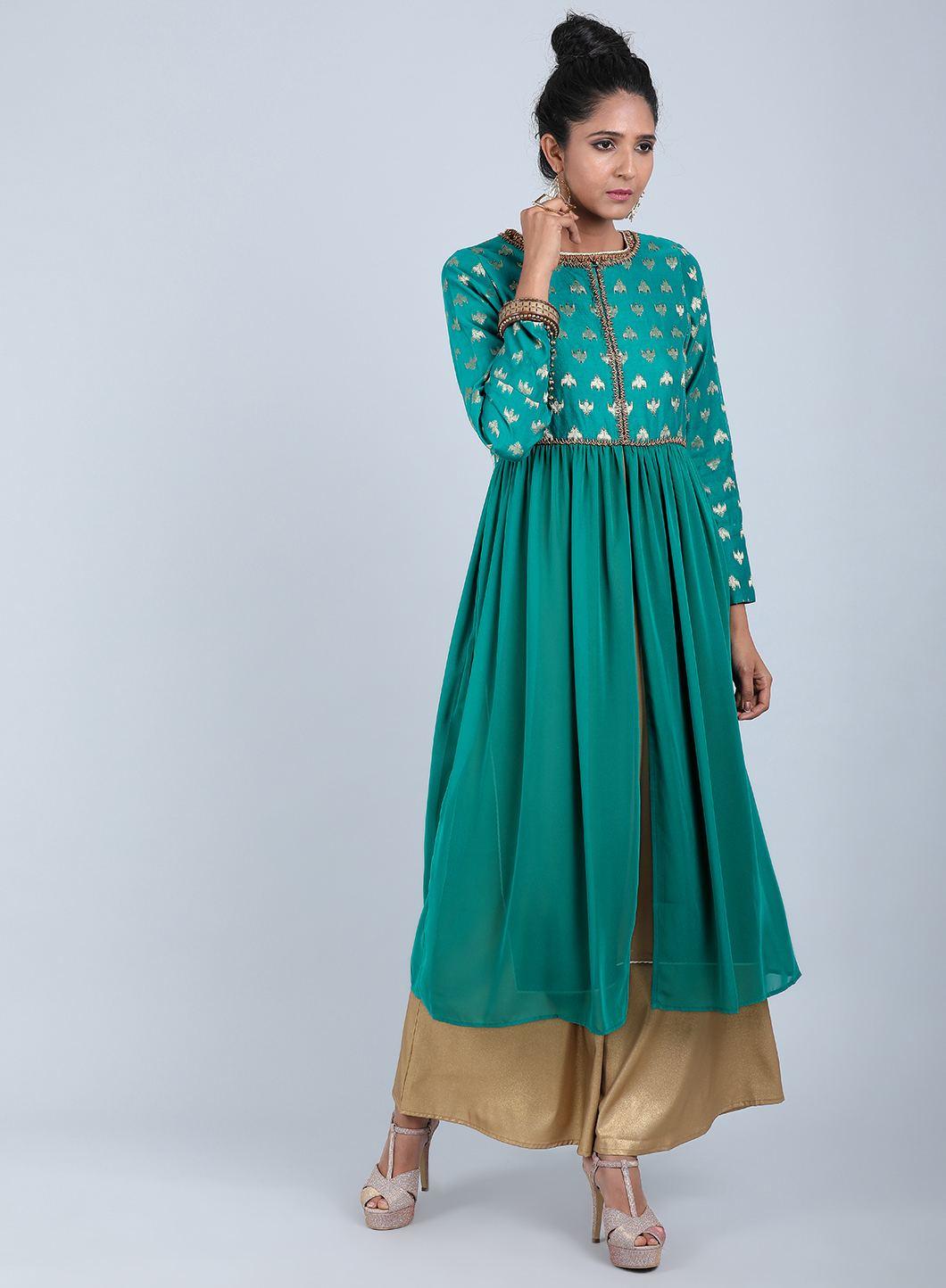 Teal Round Neck Printed kurta - wforwoman