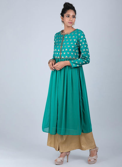 Teal Round Neck Printed kurta - wforwoman