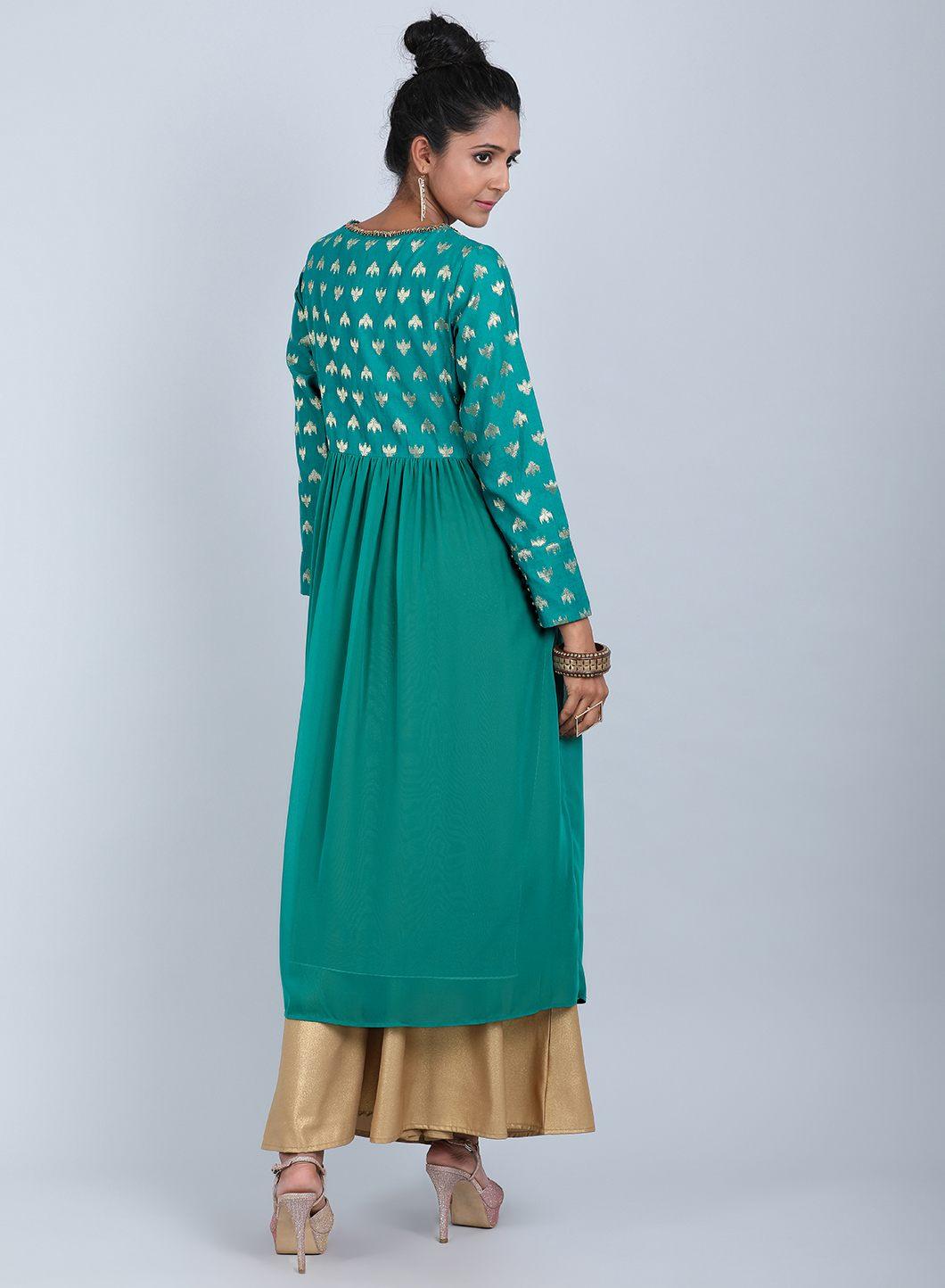 Teal Round Neck Printed kurta - wforwoman
