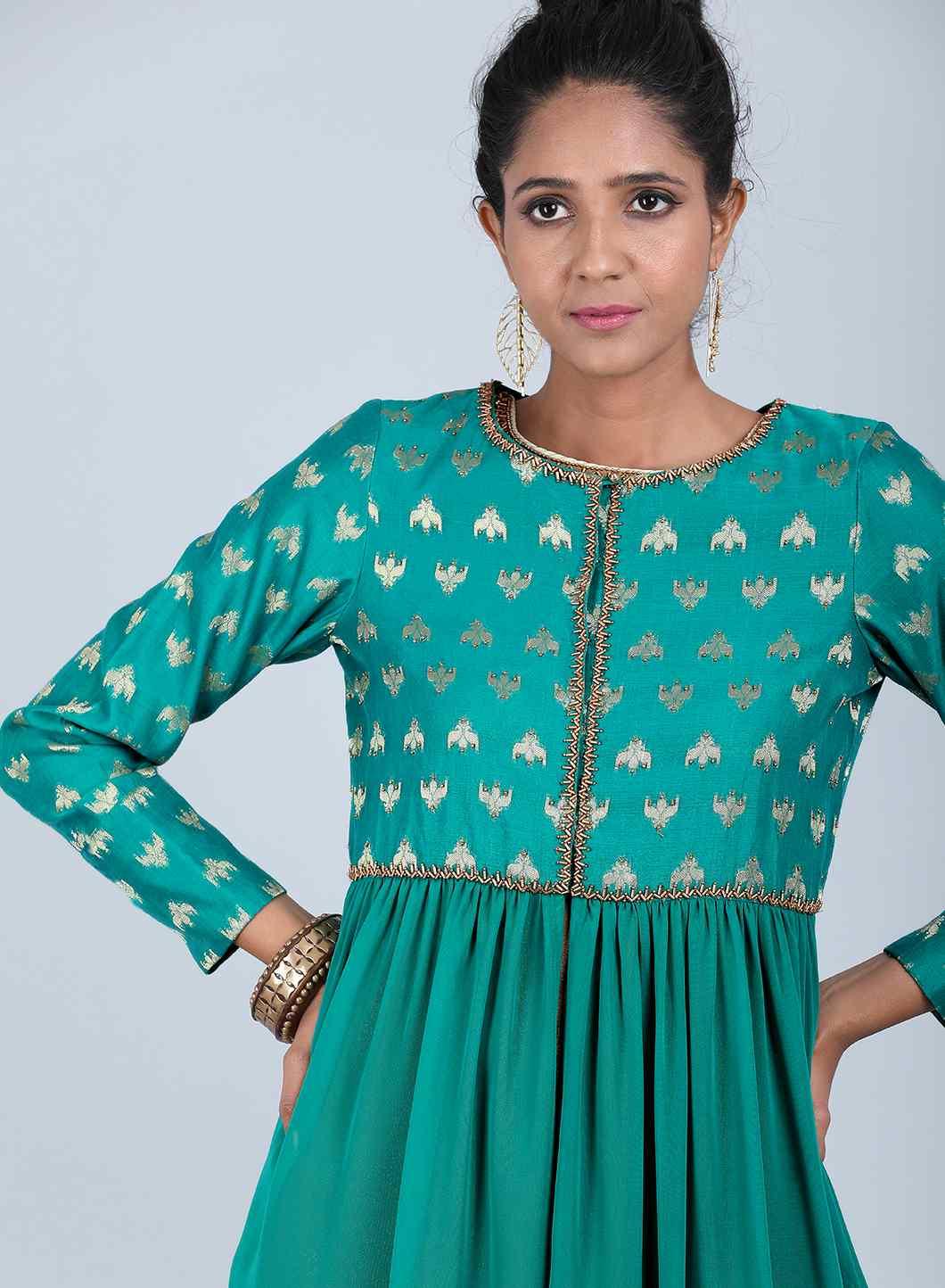 Teal Round Neck Printed kurta - wforwoman