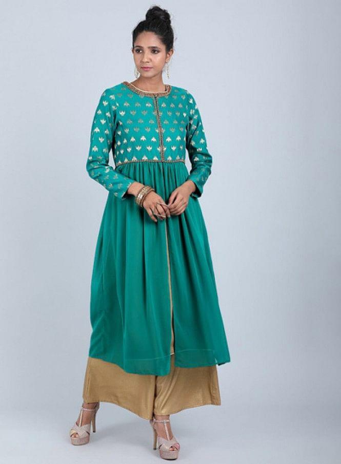 Teal Round Neck Printed kurta - wforwoman