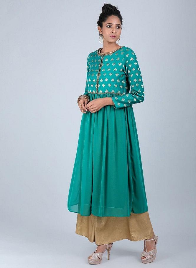Teal Round Neck Printed kurta - wforwoman