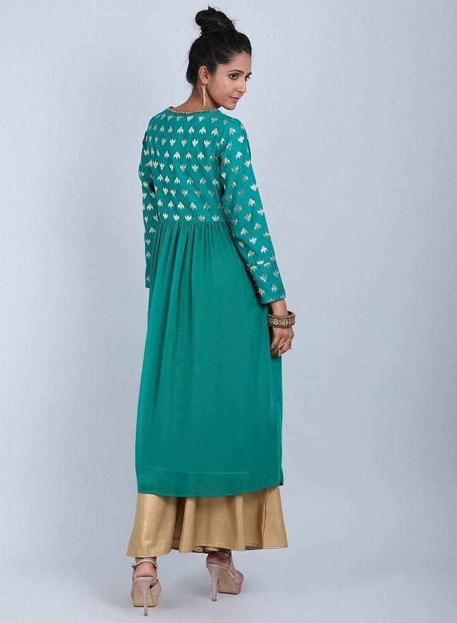 Teal Round Neck Printed kurta - wforwoman
