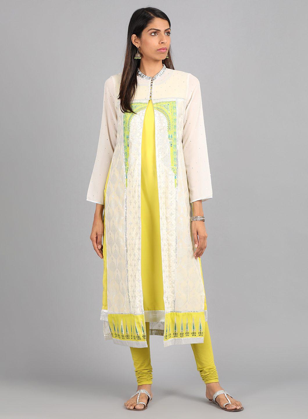 Ecru Mandarin Neck Printed kurta - wforwoman
