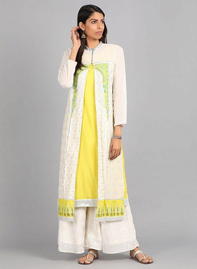 Ecru Mandarin Neck Printed kurta - wforwoman