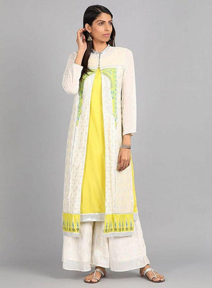 Ecru Mandarin Neck Printed kurta - wforwoman