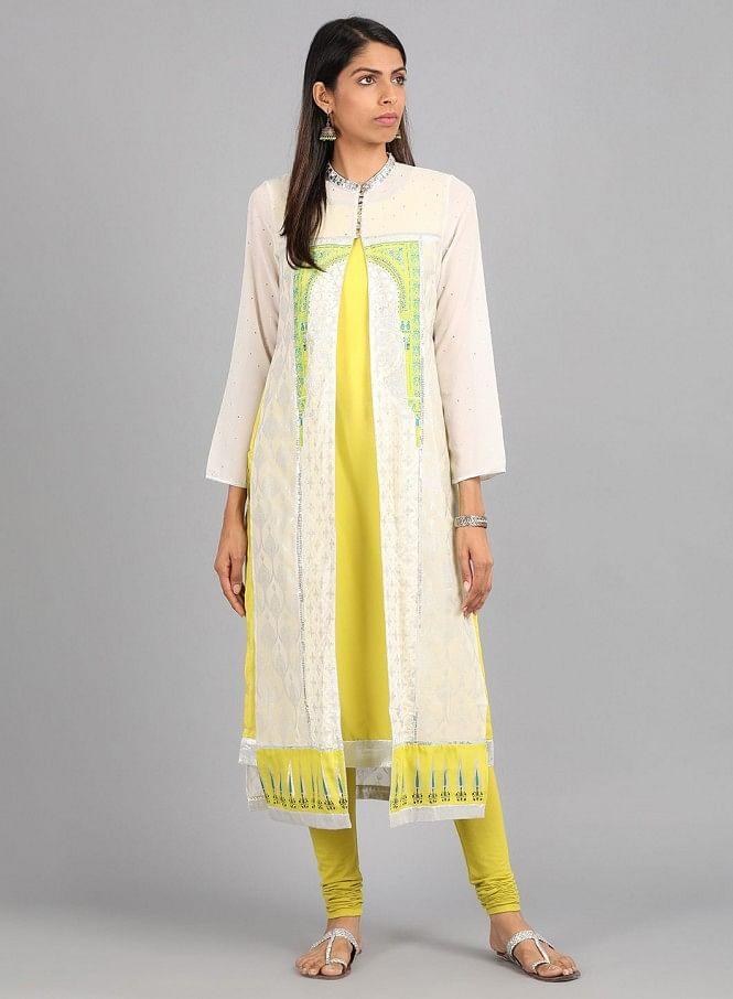 Ecru Mandarin Neck Printed kurta - wforwoman