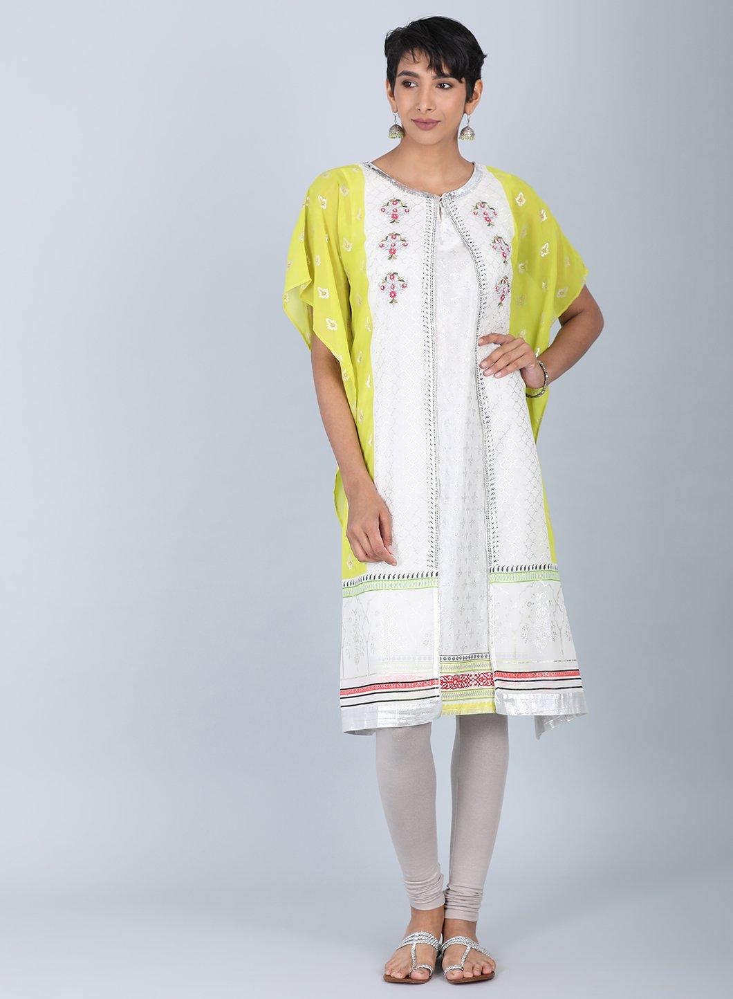 Ecru &amp; Green Round Neck kurta - wforwoman