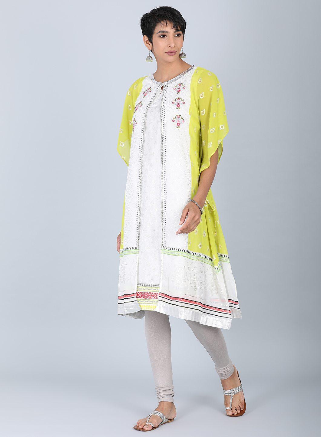 Ecru &amp; Green Round Neck kurta - wforwoman