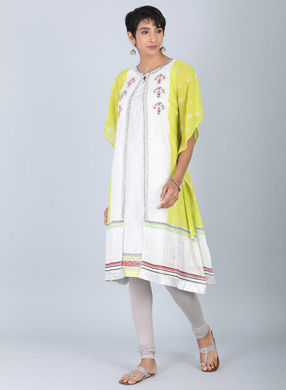 Ecru &amp; Green Round Neck kurta - wforwoman