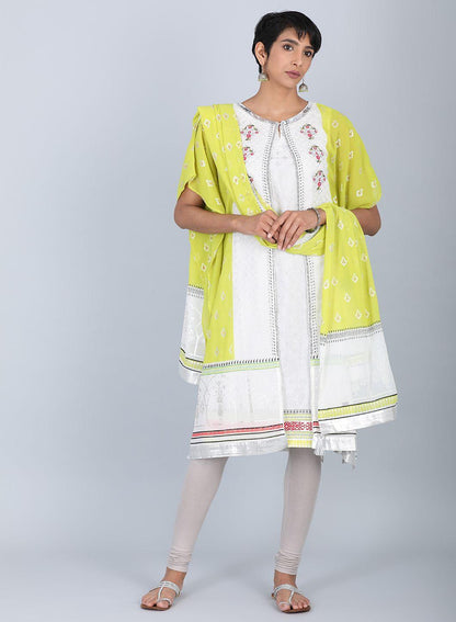 Ecru &amp; Green Round Neck kurta - wforwoman