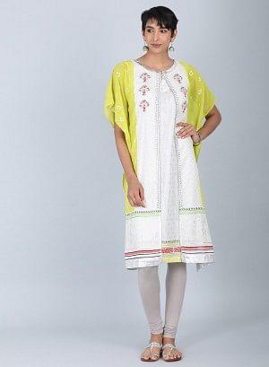 Ecru &amp; Green Round Neck kurta - wforwoman