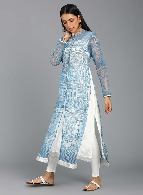 Blue Mandarin Neck Printed kurta