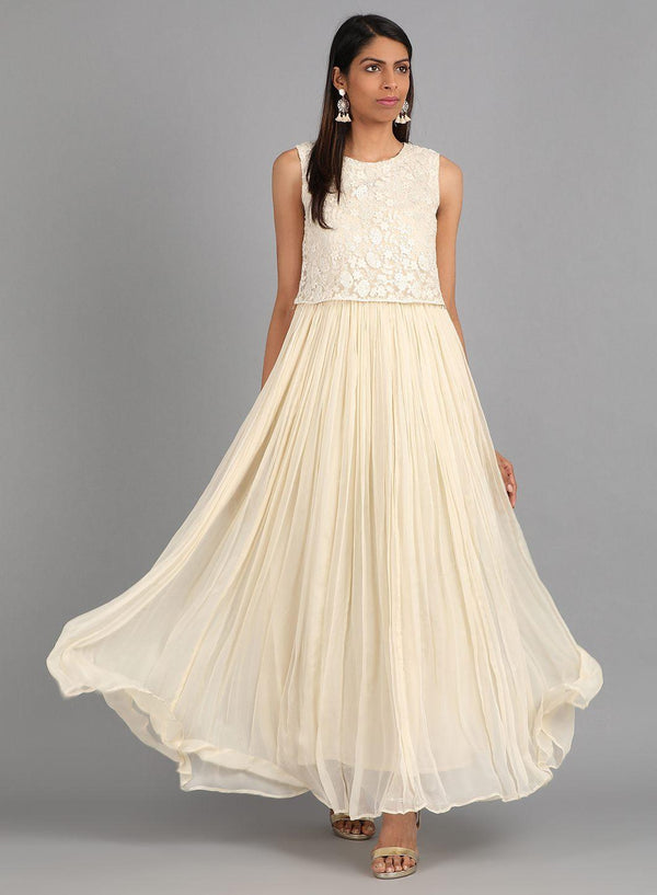 Off-White Round Neck Embellished kurta Dress