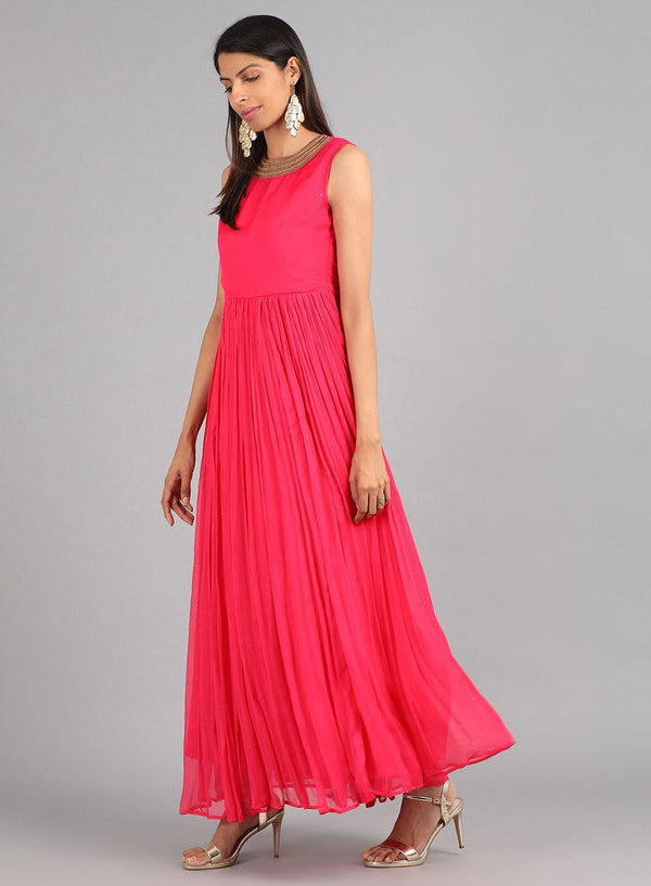 Pink Round Neck Solid kurta Dress