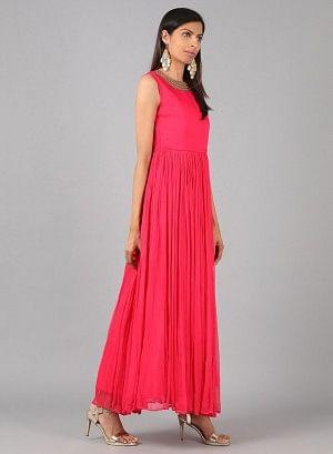 Pink Round Neck Solid kurta Dress - wforwoman