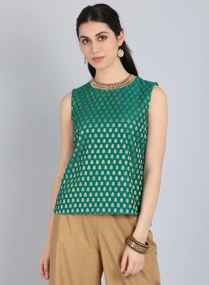 Green Round Neck Embellished Top - wforwoman
