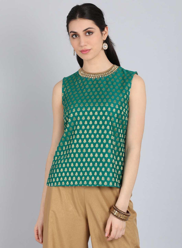 Green Round Neck Embellished Top