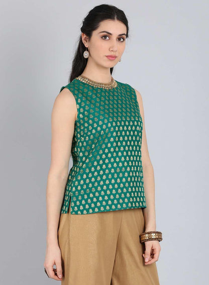 Green Round Neck Embellished Top - wforwoman